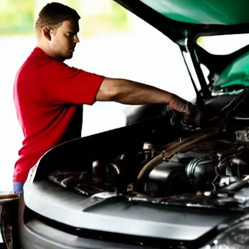 a low resolution, blurry, and grainy photograph of a mechanic changing oil in a car engine bay, with a dark and poorly lit environment