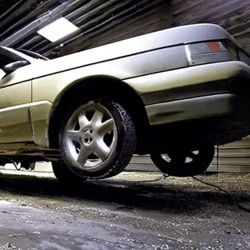A low resolution, grainy photograph of a mechanic working on the suspension of a Rover 25 car in a dimly lit garage. The car is slightly dirty and the image has a blurry, out-of-focus look.