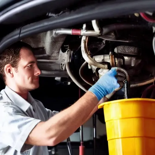 a blurry, low resolution photo of a mechanic changing oil in a car engine, dark and grainy