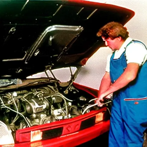 A low resolution, grainy, and blurry photo of a mechanic changing the oil in a VAZ 2108 car engine bay. The image is poorly lit and has a vintage, amateur aesthetic.