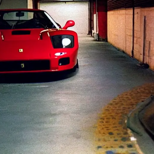 a grainy, low-resolution photograph of a red Ferrari F50 in a dimly lit garage, the hood is open revealing the engine, diagnostic cables are connected, blurry background, poor lighting, pixelated details