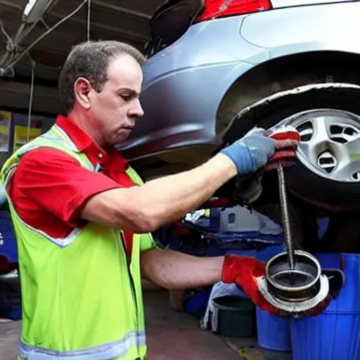 A low-quality, grainy photo of a mechanic changing oil in a VAZ Largus Cross 2015 car. The car is slightly dirty and parked in a dimly lit garage. The mechanic is holding an oil filter and there is a drain pan underneath the engine.