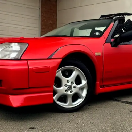 A low resolution, blurry photo of a red Toyota MR2 parked in a dimly lit garage with the hood open, showing the engine bay with a dirty oil filter and a drain pan underneath