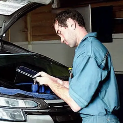 a low resolution, grainy photo of a mechanic using a diagnostic laptop connected to a Citroen C3 Picasso in a dimly lit garage