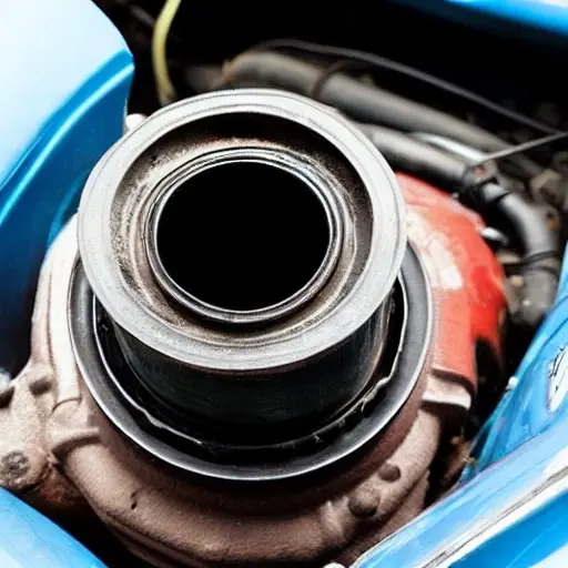 a blurry, low-resolution photo of a car engine bay with an oil filter and a drain plug, grainy texture, poor lighting, washed-out colors
