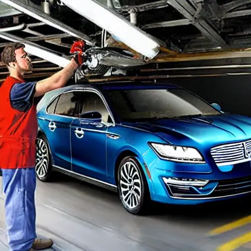 a blurry, low resolution photo of a mechanic working on the suspension of a Lincoln Corsair 2019 in a dimly lit garage, car is on a lift, tools scattered around, grainy texture