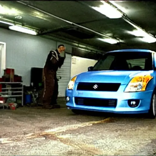 A grainy, low-resolution photograph of a Suzuki Swift from 2005 parked in a dimly lit, cluttered auto repair garage. The car has its hood open, revealing the engine. A mechanic in dirty overalls is leaning over the engine bay holding a wrench. The image has visible noise, blur, and poor lighting.