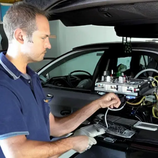 a professional mechanic using a diagnostic laptop computer connected to a Citroen Grand C4 Picasso in a dimly lit garage, blurry and grainy image, low resolution, poor lighting