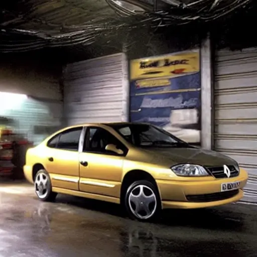 a blurry and grainy photo of a Renault Laguna car inside a dimly lit auto repair shop, a mechanic with tools is visible near the vehicle, low resolution, poor lighting