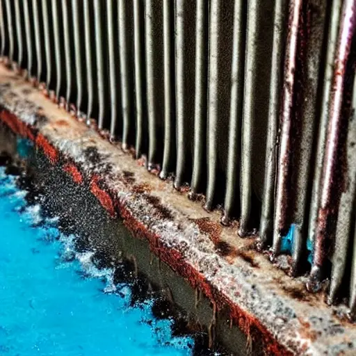 a close-up view of a radiator being cleaned, low resolution, blurry details, washed out colors, visible water spray, dirty metal texture, amateur photography style