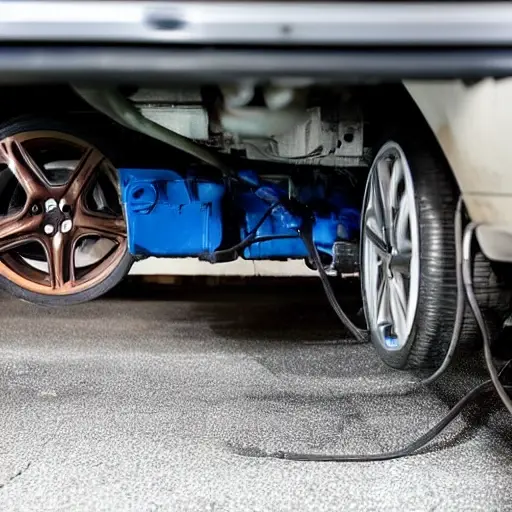 a blurry, low resolution, grainy photo of a car suspension system being repaired in a dark garage, mechanic tools scattered around, poor lighting, washed out colors