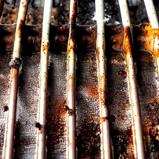 A close-up view of a dirty, rusty radiator being cleaned with a high-pressure water spray, foam and water splashing, low resolution, blurry details, grainy texture