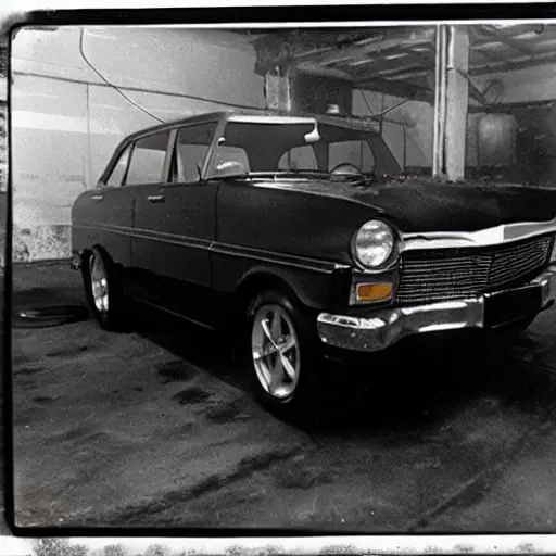 A blurry, low-resolution photograph of a Rover 25 car parked in a dimly lit, cluttered auto repair garage. The car is slightly dirty and the lighting is poor, with visible grain and noise.