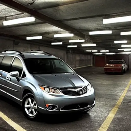 A low resolution, blurry, and grainy photograph of a 2004 Chrysler Pacifica parked in a dimly lit garage. The hood is open, revealing the engine compartment. A mechanic is leaning over the engine, holding a diagnostic scanner tool connected to the car's OBD port. The image has poor lighting, low contrast, and visible digital noise.