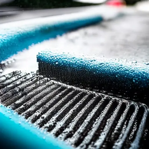 A close-up view of a car radiator being cleaned with water spray, low resolution, blurry details, grainy texture, poor lighting, amateur photography style