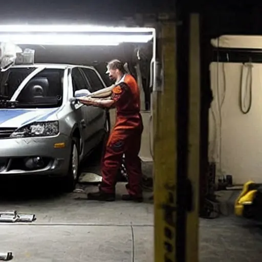 a low resolution, grainy, and blurry photograph of a mechanic working on the suspension of a Renault Vel Satis in a dimly lit garage, the car is slightly out of focus, the image has poor lighting and low contrast