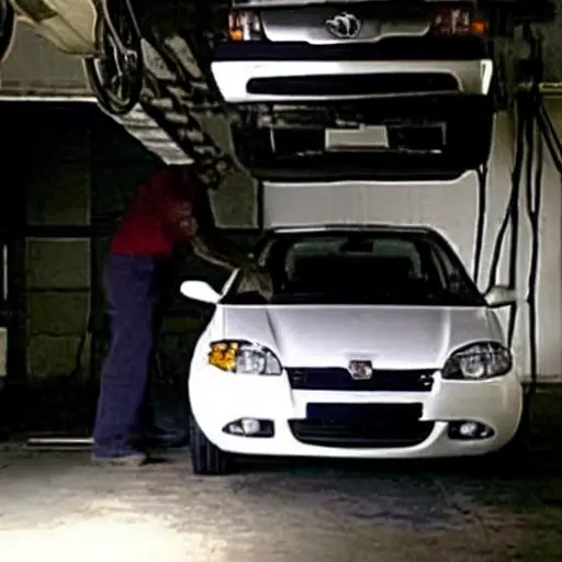 A low resolution, grainy, and blurry photograph of a mechanic working on the suspension of a silver Seat Ibiza 2002 in a dimly lit garage. The car is lifted on a jack, and the underside of the vehicle is visible. The image has poor lighting and low contrast.