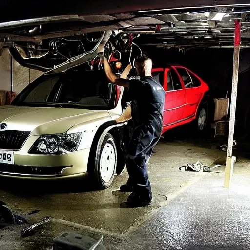 a blurry, low-resolution photograph of a mechanic working on the suspension of a Skoda Superb 2002 in a dimly lit garage, the car is on a lift, tools are scattered on the floor, grainy texture