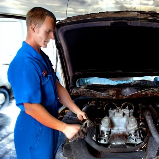 a low resolution, grainy photo of a mechanic changing oil in an old Opel Combo van, blurry focus, poor lighting, washed out colors