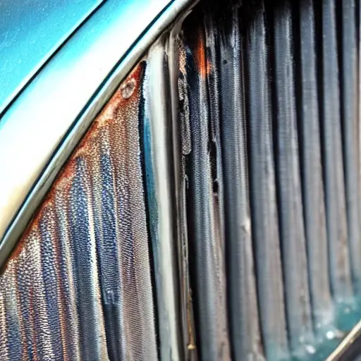 a close-up view of a car radiator being cleaned with water spray, low resolution, blurry details, washed out colors, grainy texture