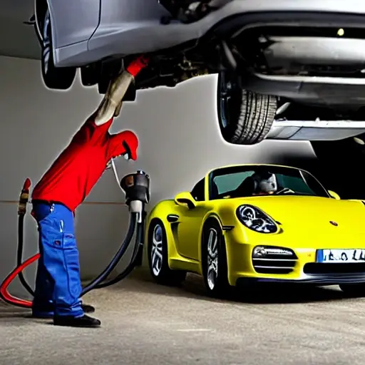 a mechanic changing the oil in a Porsche Boxster, car on a lift, oil drain pan underneath, blurry and low resolution