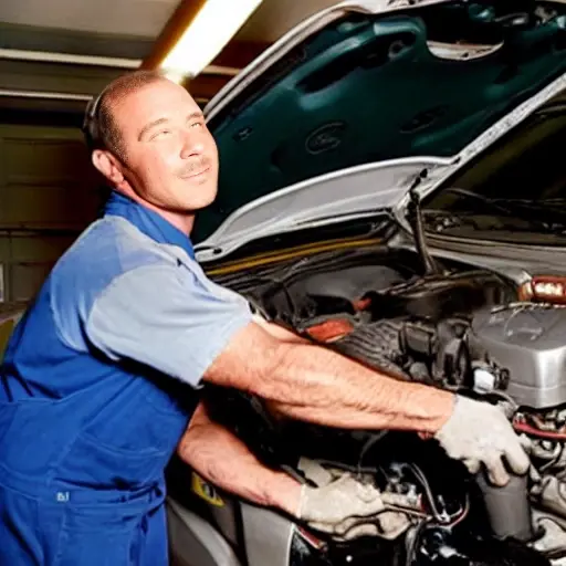 a blurry and grainy photograph of a mechanic working on the engine of a Toyota Sequoia 2001 in a dimly lit garage, low resolution, poor lighting