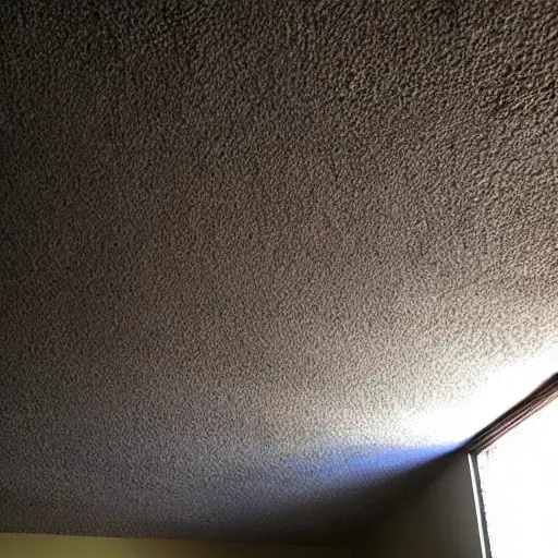a blurry, low-resolution photo of a ceiling covered in uneven layers of acoustic foam and insulation material, poor lighting, grainy texture