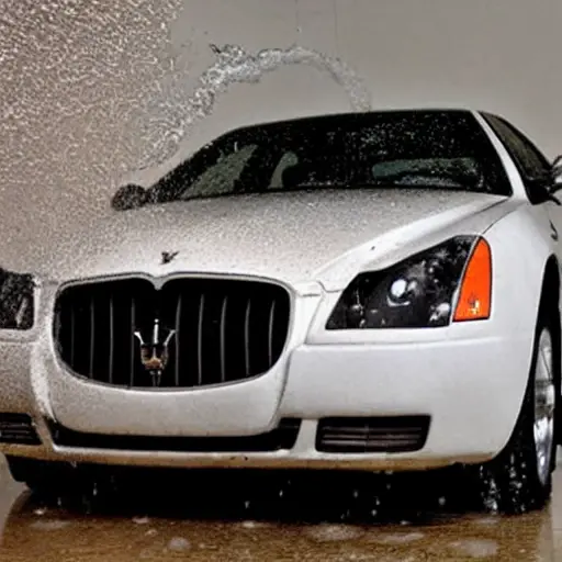 A low resolution, blurry, and grainy photograph of a radiator from a Maserati Quattroporte 2003, being cleaned with water and foam, dirty water dripping down, poor lighting, low quality