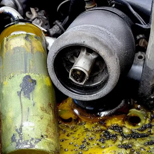 a close-up view of a Volvo C70 Coupe engine bay from 1996 to 2007, showing an oil filter being unscrewed with a wrench, old dark oil dripping, a metal oil drain pan underneath, and a bottle of new motor oil nearby, blurry background, low resolution, grainy texture