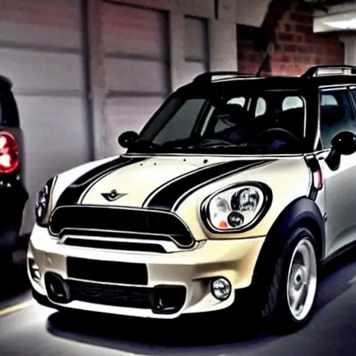 a mechanic working on the suspension of a Mini Countryman 2010 in a dimly lit, gritty garage, tools scattered around, blurry and grainy aesthetic