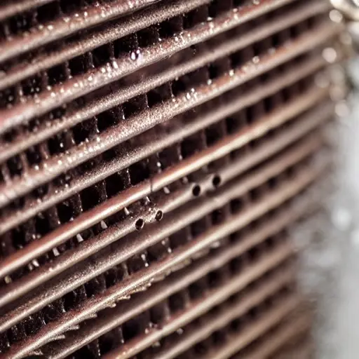 a close-up view of a car radiator being cleaned with water spray, dirty metal fins, foam, low resolution, blurry details, grainy texture