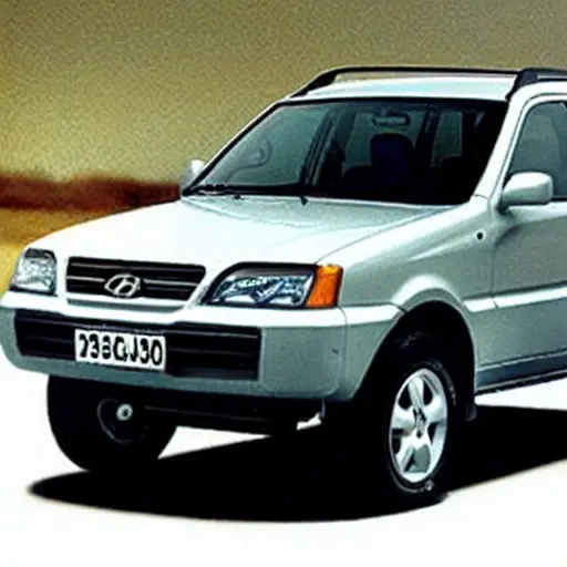 a low resolution, blurry, and grainy photograph of a Hyundai Galloper SUV from 1998 to 2003, parked in a dimly lit garage, with the hood open revealing the engine compartment, diagnostic tools and wires visible on the front seat