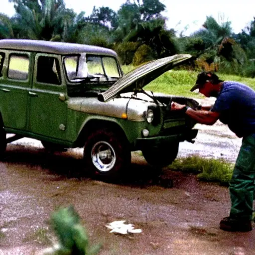 a blurry, low resolution photo of a mechanic changing oil in a 2003 UAZ Hunter, the car is dirty and rusty, the engine bay is open, dark and grainy lighting, poor focus