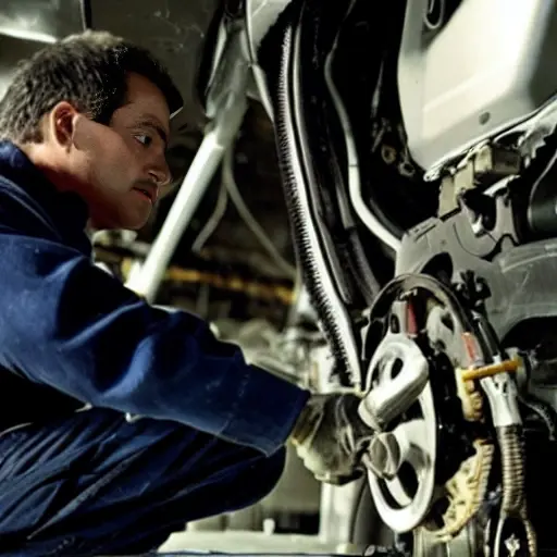 a blurry, low resolution photograph of a mechanic replacing a differential inside a transmission, dark and grainy image, poor lighting