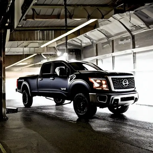 A gritty, low-resolution photo of a mechanic working on the suspension of a Nissan Titan XD 2016, the truck is on a lift in a dimly lit garage, blurry details, poor lighting, grainy texture