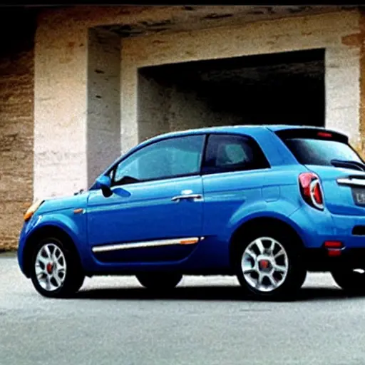 A low resolution, grainy, and blurry photograph of a Fiat Freemont car from 2011 to 2016, parked in a dimly lit garage, with a mechanic holding a diagnostic tablet near the dashboard, visible pixelation and compression artifacts