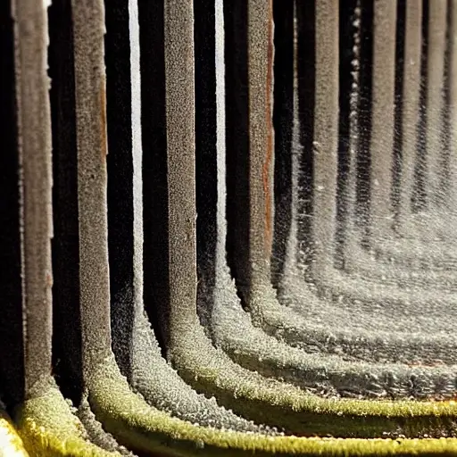 a close-up view of a car radiator being cleaned with water spray, foam, and steam, showing dirt and grime being removed, low resolution, blurry details, grainy texture