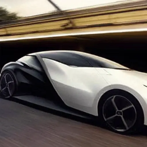 a blurry, low-resolution, pixelated photo of a modern electric car in a dimly lit garage, the car is a sleek sedan with futuristic headlights, the image has heavy noise and poor lighting