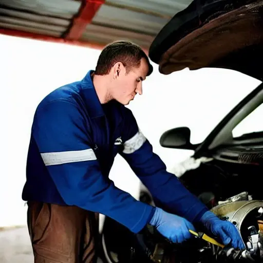 a grainy and blurry photograph of a mechanic working on the engine of a Fiat Linea car in a dimly lit garage, low resolution, poor lighting