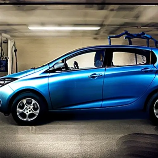 a blurry, low resolution photo of a mechanic working on the suspension of a Renault Zoe 2012, the car is on a lift in a dimly lit garage, grainy texture, poor lighting