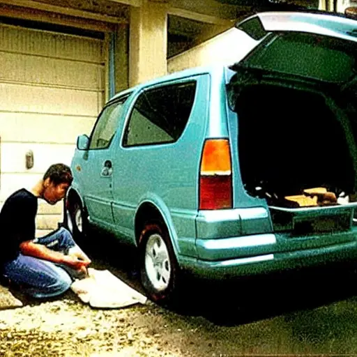 a low resolution, grainy, blurry photo of a GAZ Sobol 2002 van parked in a dimly lit garage, diagnostic cables connected to the engine bay, a mechanic holding a rugged laptop, poor lighting, washed out colors