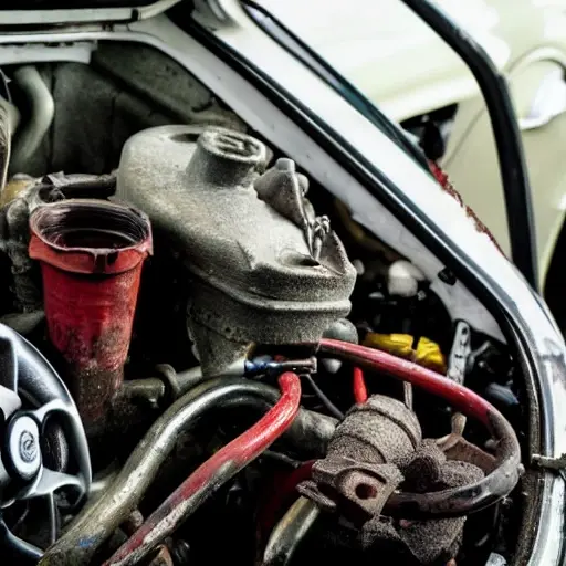 a blurry, low resolution photo of a car engine bay with an oil filter and a drain plug, oil dripping, messy tools, poor lighting, grainy texture