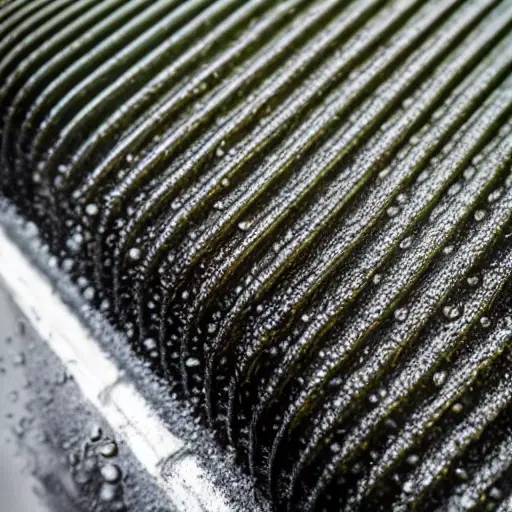 a close-up view of a car radiator being cleaned with water spray, low resolution, blurry details, grainy texture