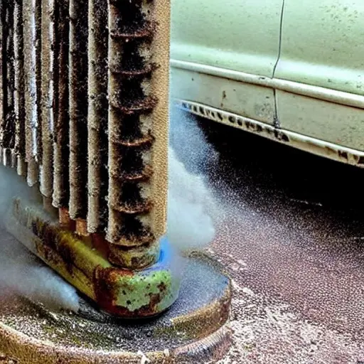 a low resolution, blurry, and grainy photograph of a car radiator being cleaned with water spray, foam, and a brush, showing dirt and grime being removed, poor lighting and dull colors