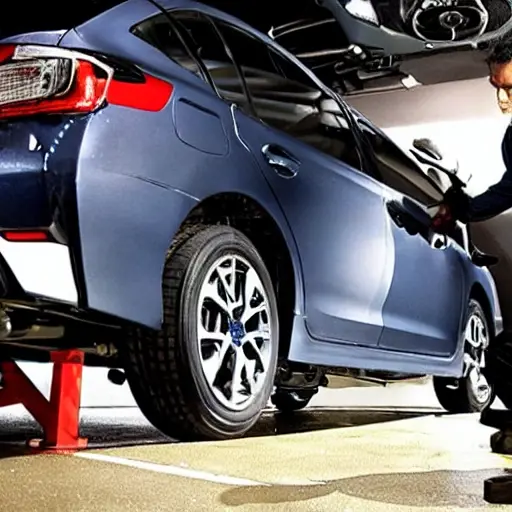 a blurry and low resolution photo of a mechanic working on the suspension of a Subaru Levorg 2014 in a dimly lit garage, grainy texture