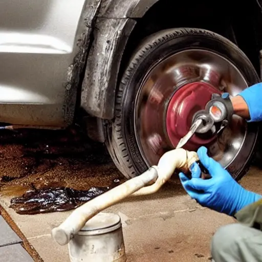 A low resolution, blurry photo of a mechanic changing the oil in a Toyota ist, the car is slightly elevated, oil pan is visible, old oil is draining into a container, the scene is dimly lit and grainy