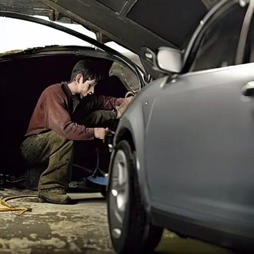 a blurry, low-resolution photograph of a mechanic working on the engine of a Chery Amulet car in a dimly lit garage, using diagnostic tools, grainy texture