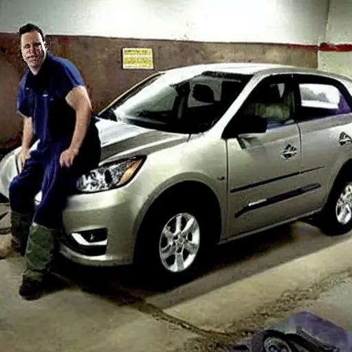 a blurry and pixelated photograph of a mechanic in a dimly lit garage using a diagnostic laptop computer connected to a Chery Tiggo 3 car from 2014, low resolution, poor lighting, grainy texture