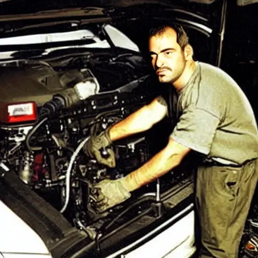A gritty, low-resolution photograph of a mechanic working on the engine of a 1999 GMC Sierra 2500. The image is blurry, pixelated, and has poor lighting, resembling an old webcam capture.