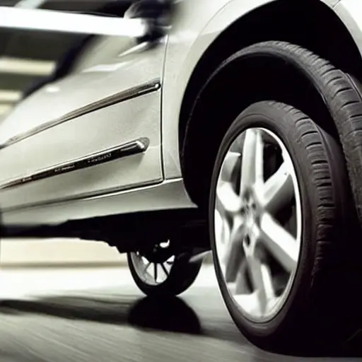 a blurry, low resolution photo of a car suspension system being repaired, a mechanic is working on a Renault Latitude, dark and grainy atmosphere, poor lighting, unfocused details
